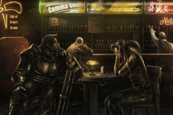 Мужчина фоллаута в баре с женщиной и выпивкой