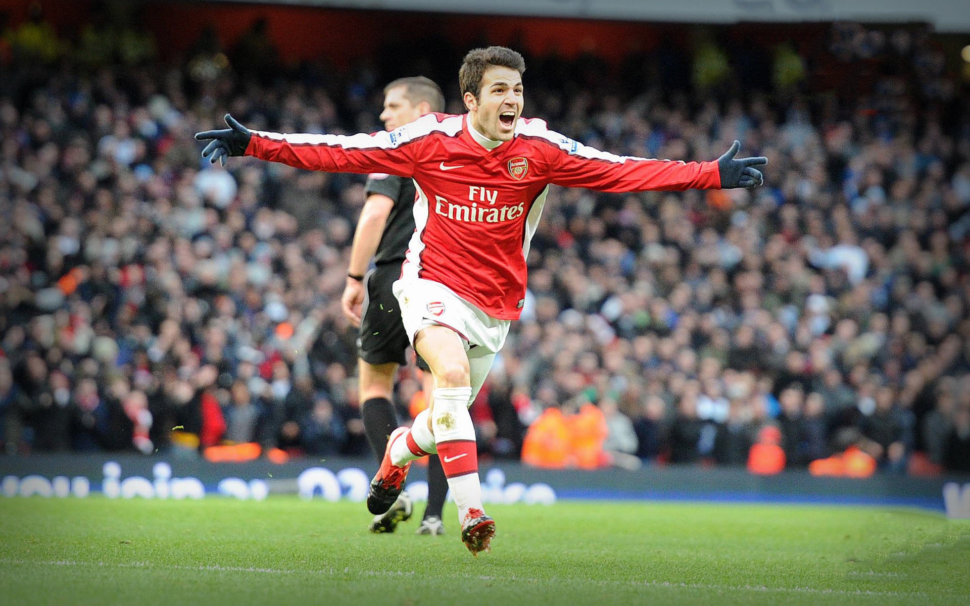 premier league arsenal fabregas calciatore gioco stadio calcio gioia emozione tifosi prato partita duello gol uniforme rossa