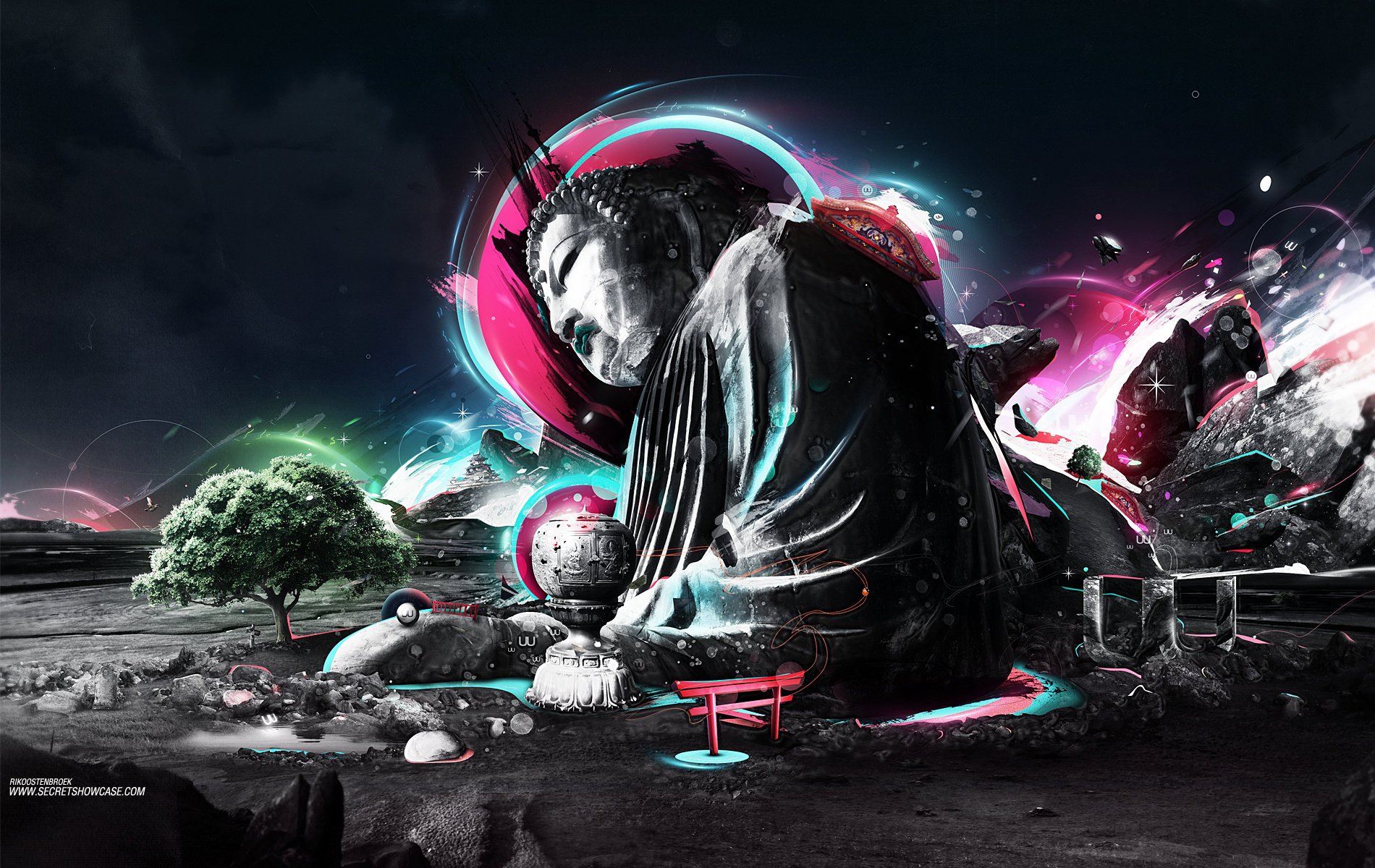 art color background buddha tree night shop fantasy