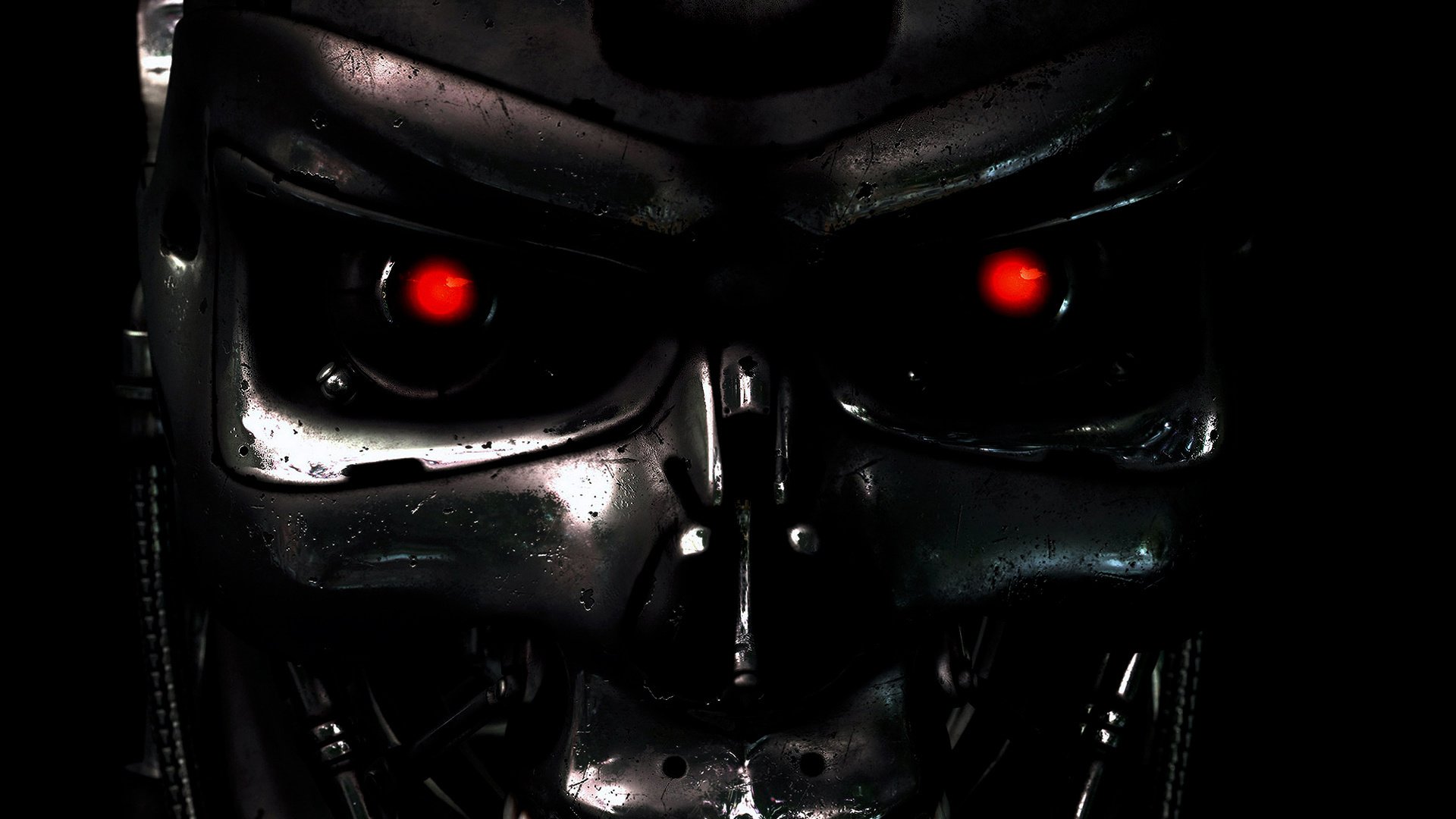 crâne yeux rouges terminator t-800 endo terminator cyborg skynet yeux films vue fond sombre robot