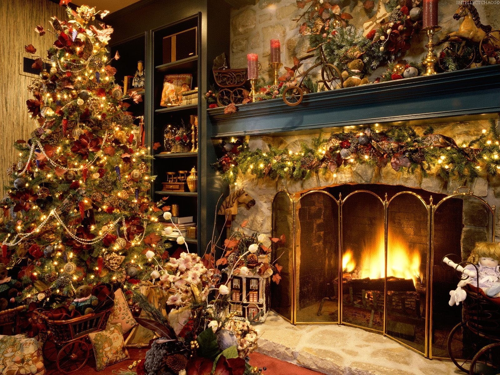 inteer flowers christmas holidays fireplace tree attributes gifts decoration fire room new year books a lot of thing