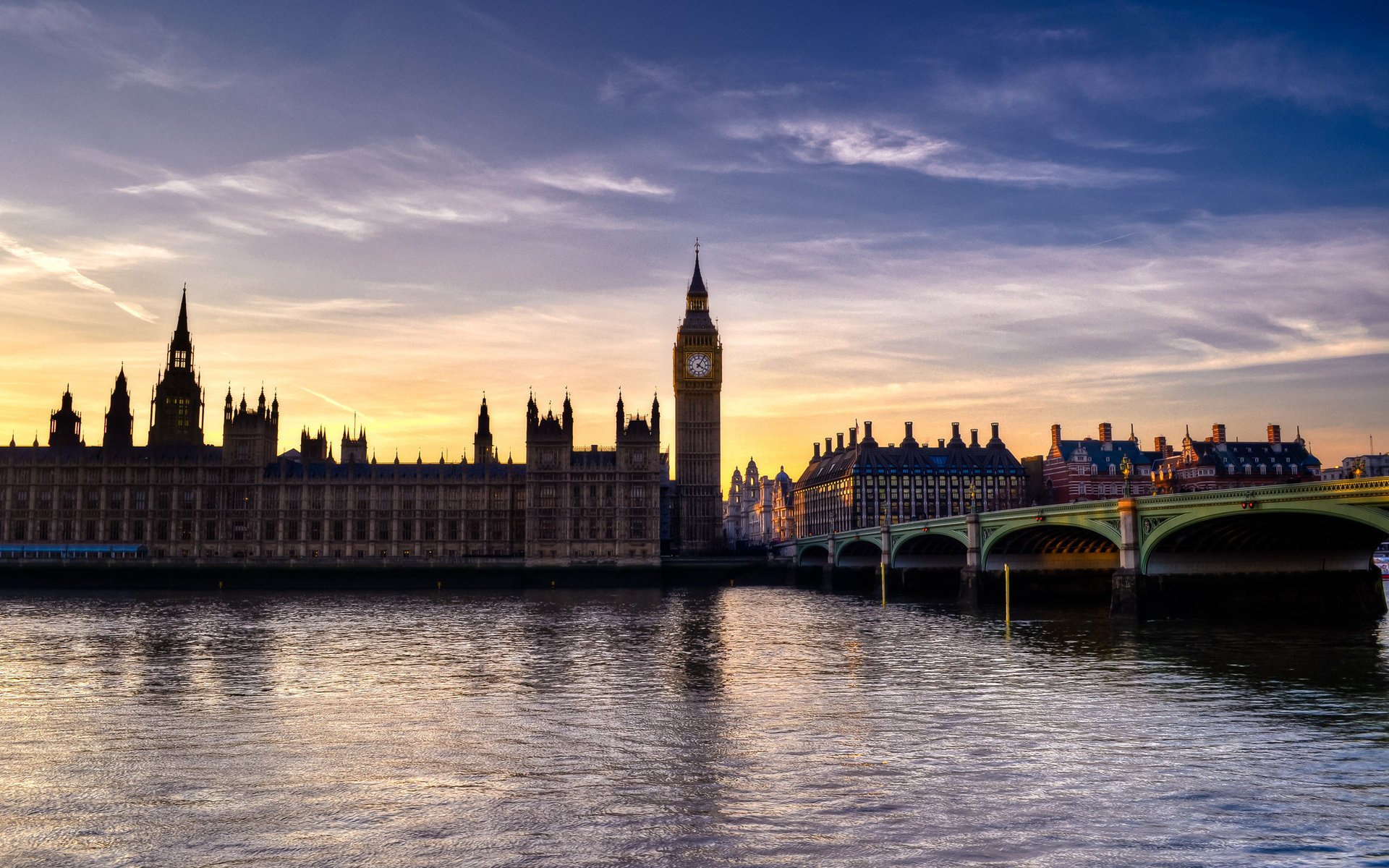 londyn big ben london most zdjęcie woda rzeka zachód słońca niebo chmury miasta noc mosty wieczór