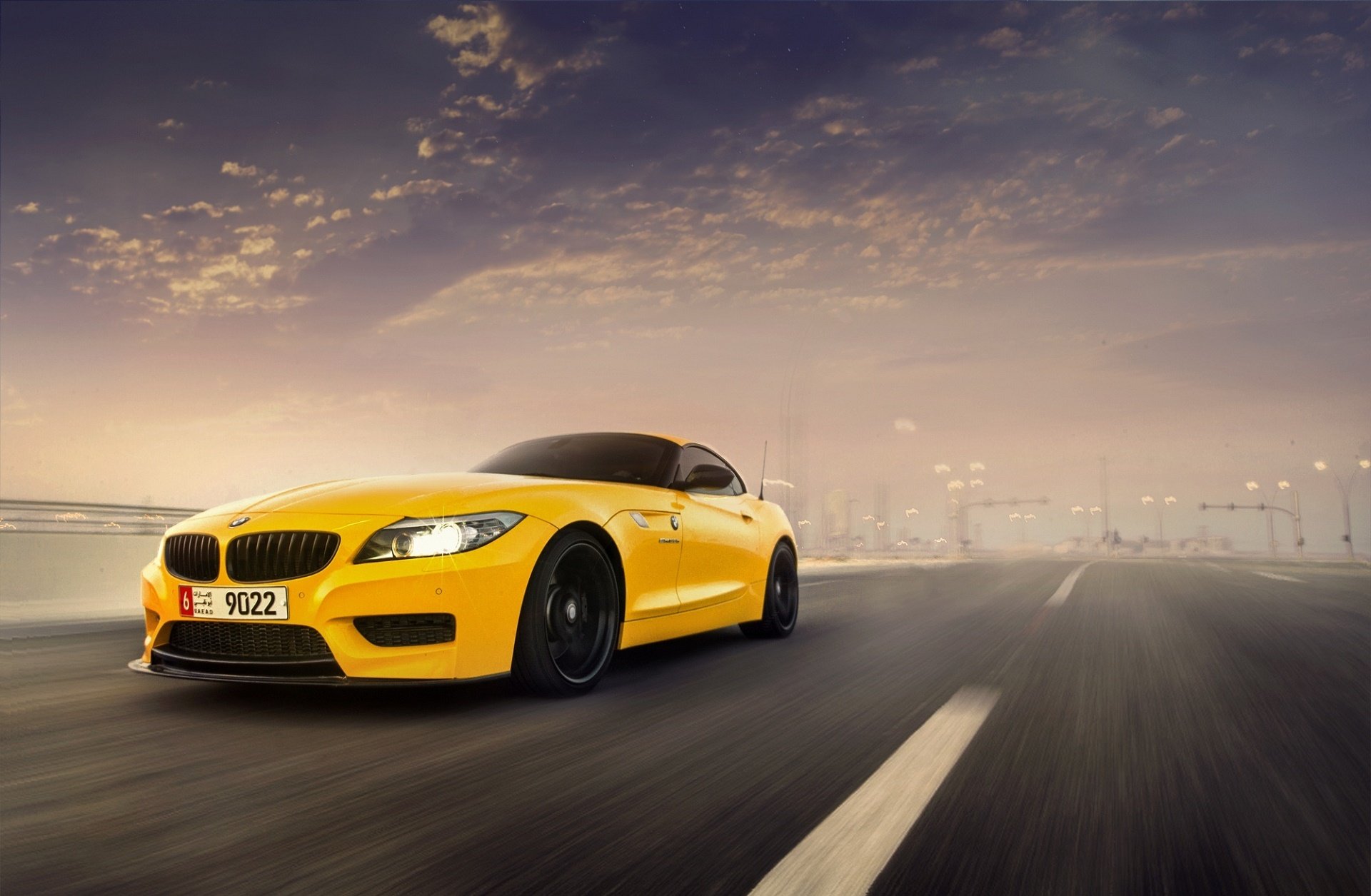 bmw z4 yellow car sunset speed front