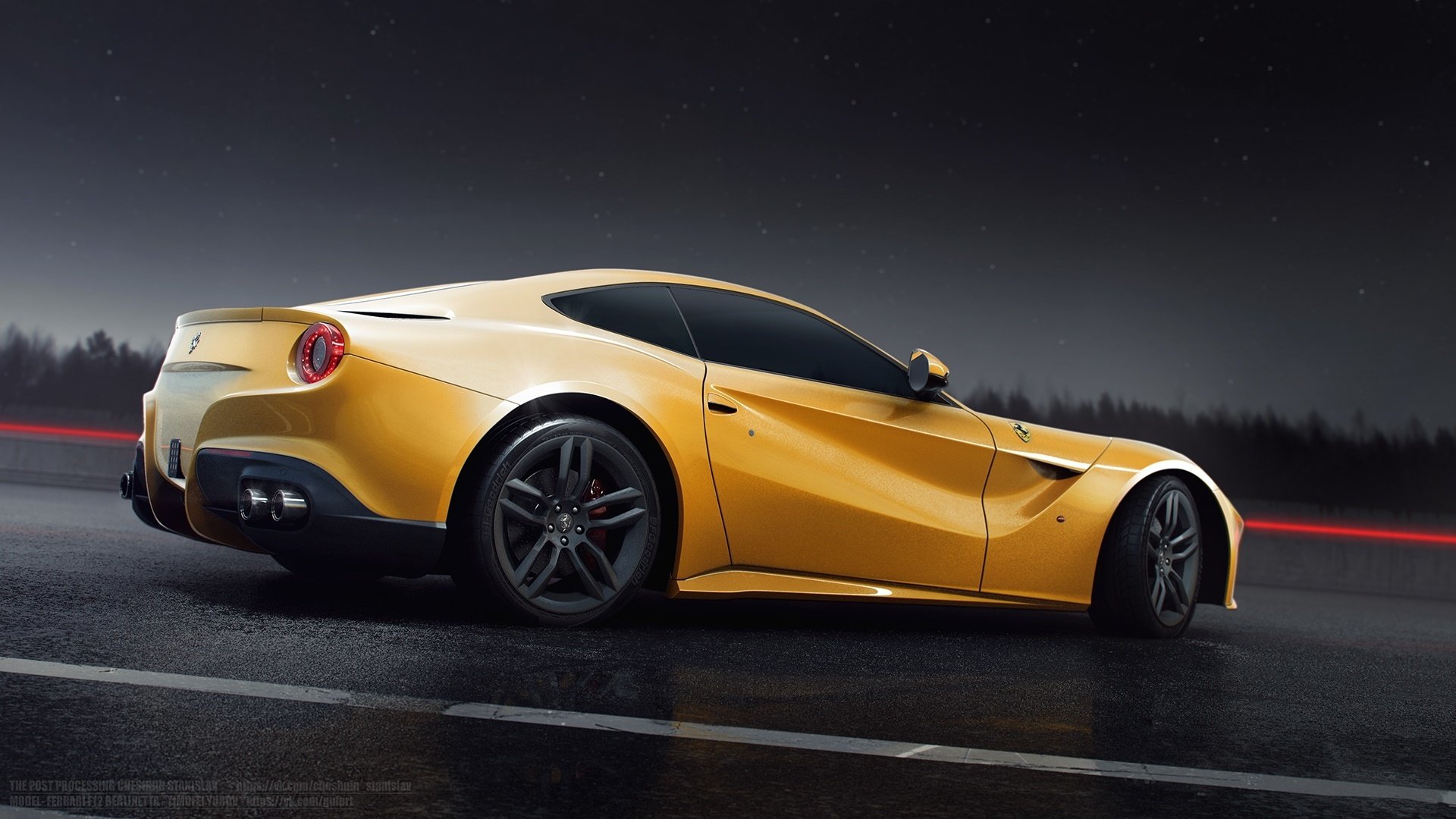 ferrari f12 berlinetta posteriore giallo sole nigth strada pioggia