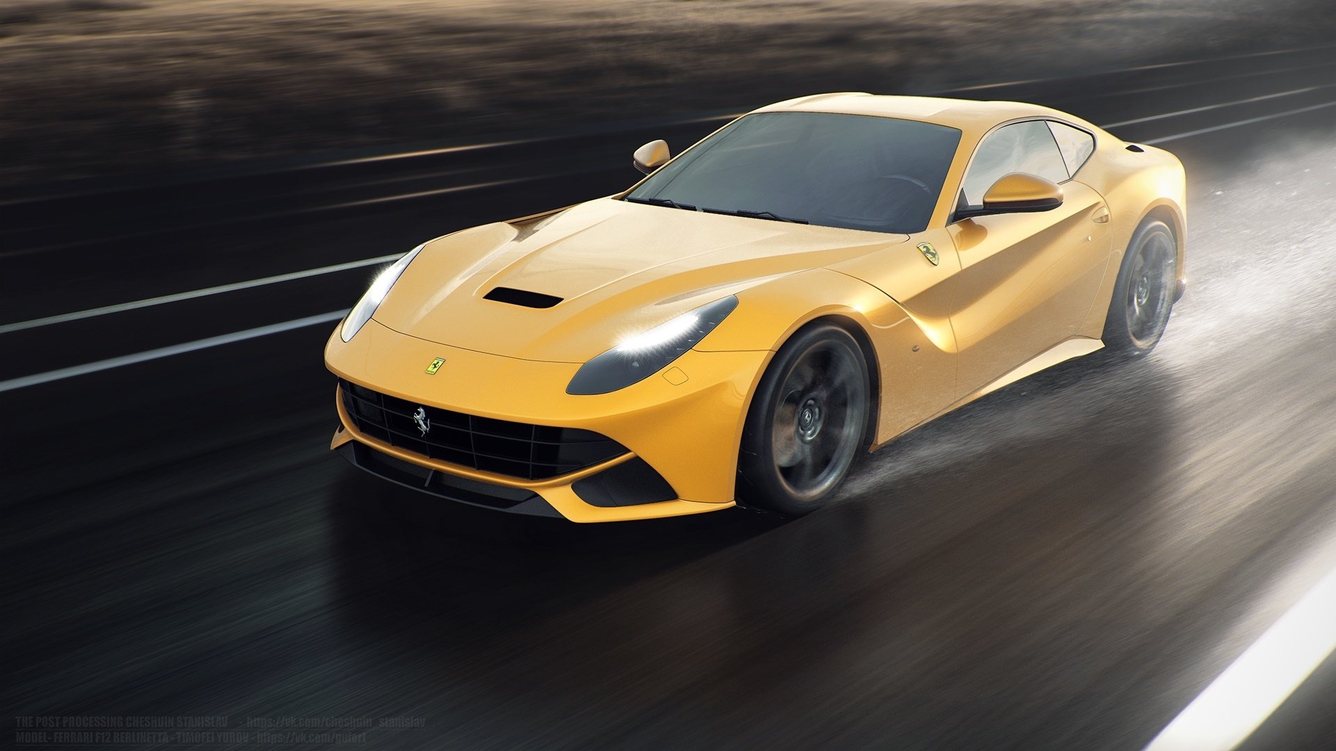 ferrari f12 berlinetta przód żółty słońce prędkość droga deszcz