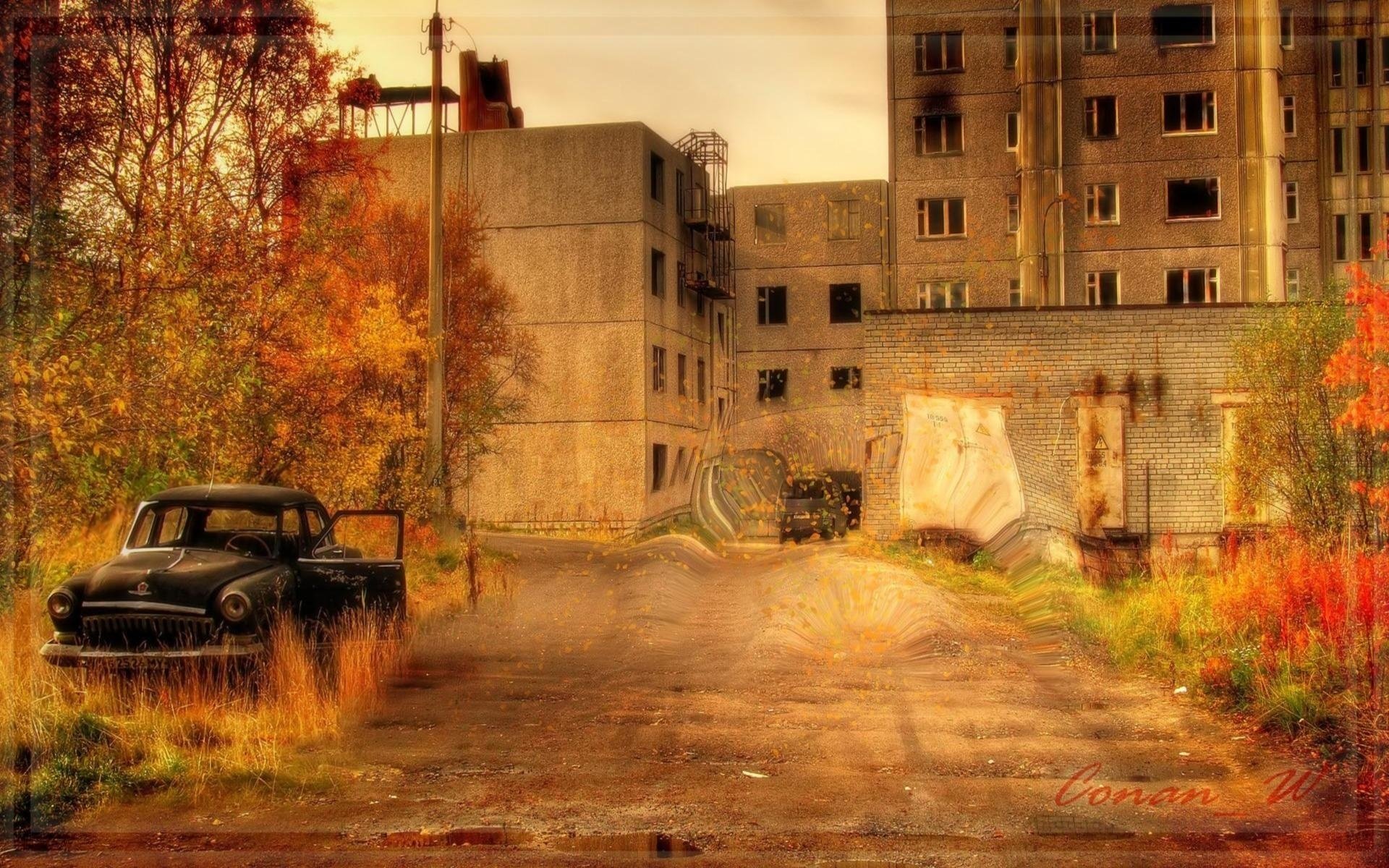 pripyat città fantasma deserta autunno città auto volga case strada sfocatura pilastro grigio disegni anime