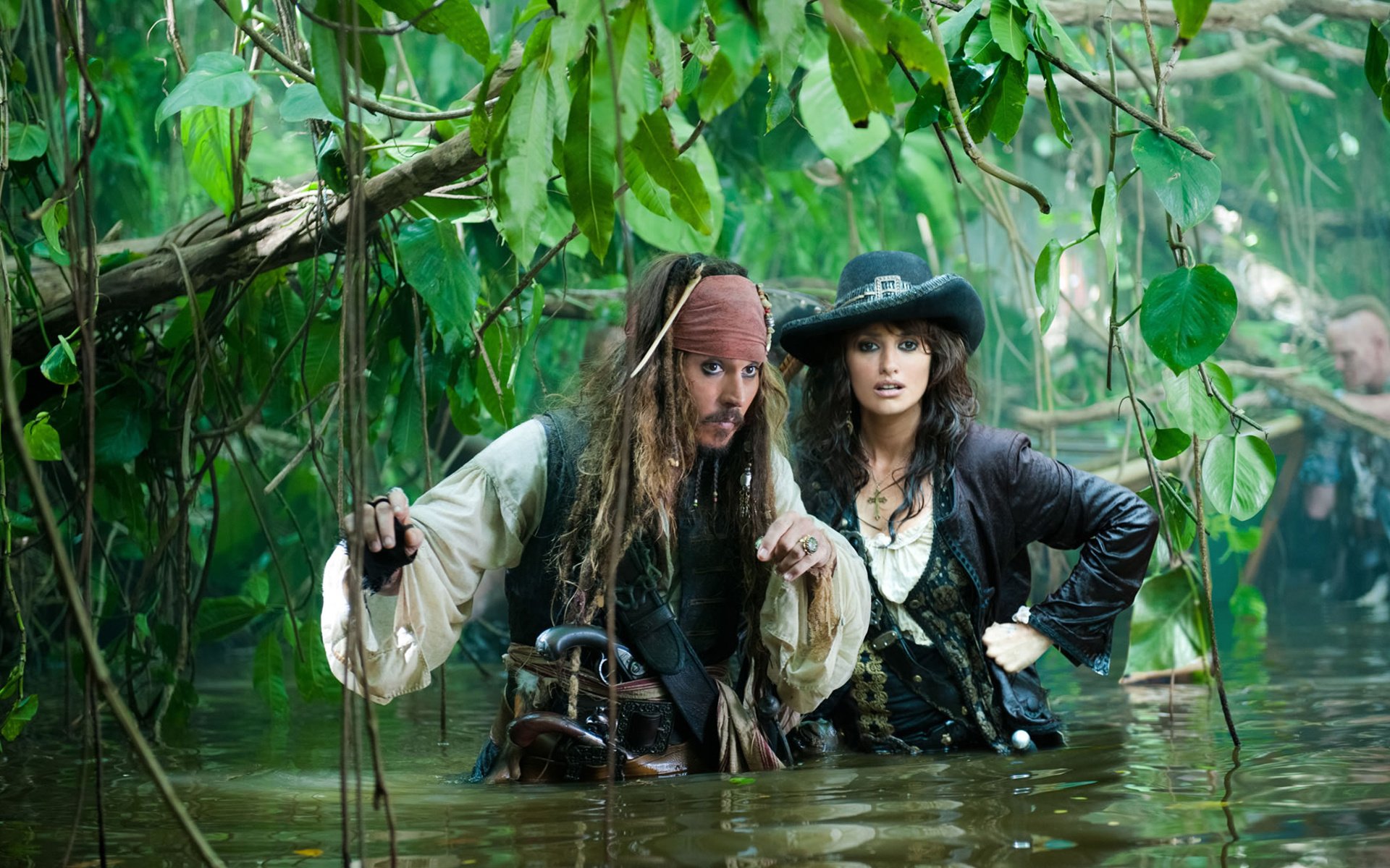 pirates of the caribbean 4 johnny depp jack sparrow jungle thickets branches trees swamp men actors girls women