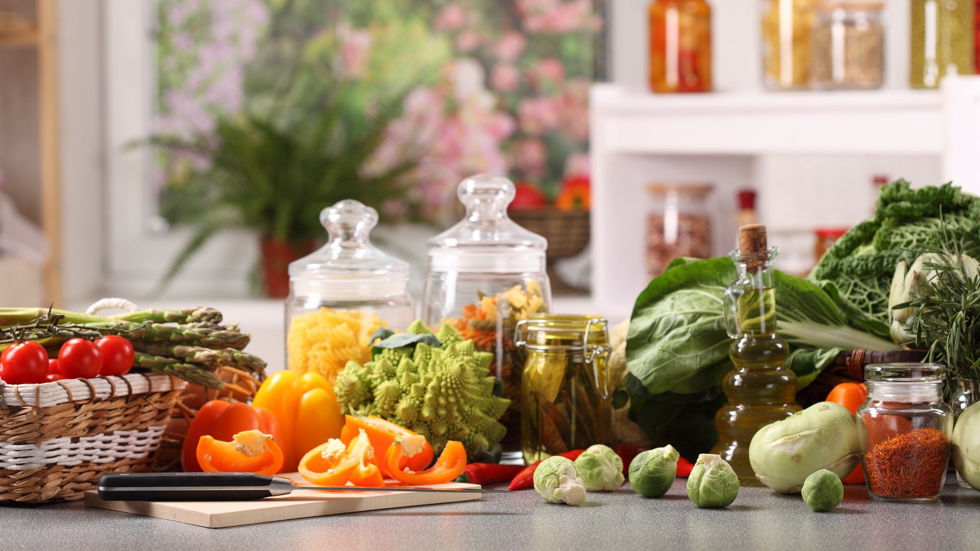 food products cuts kitchen table pepper cabbage banks oil bay leaf spices seasoning vegetables fruit greens knife board