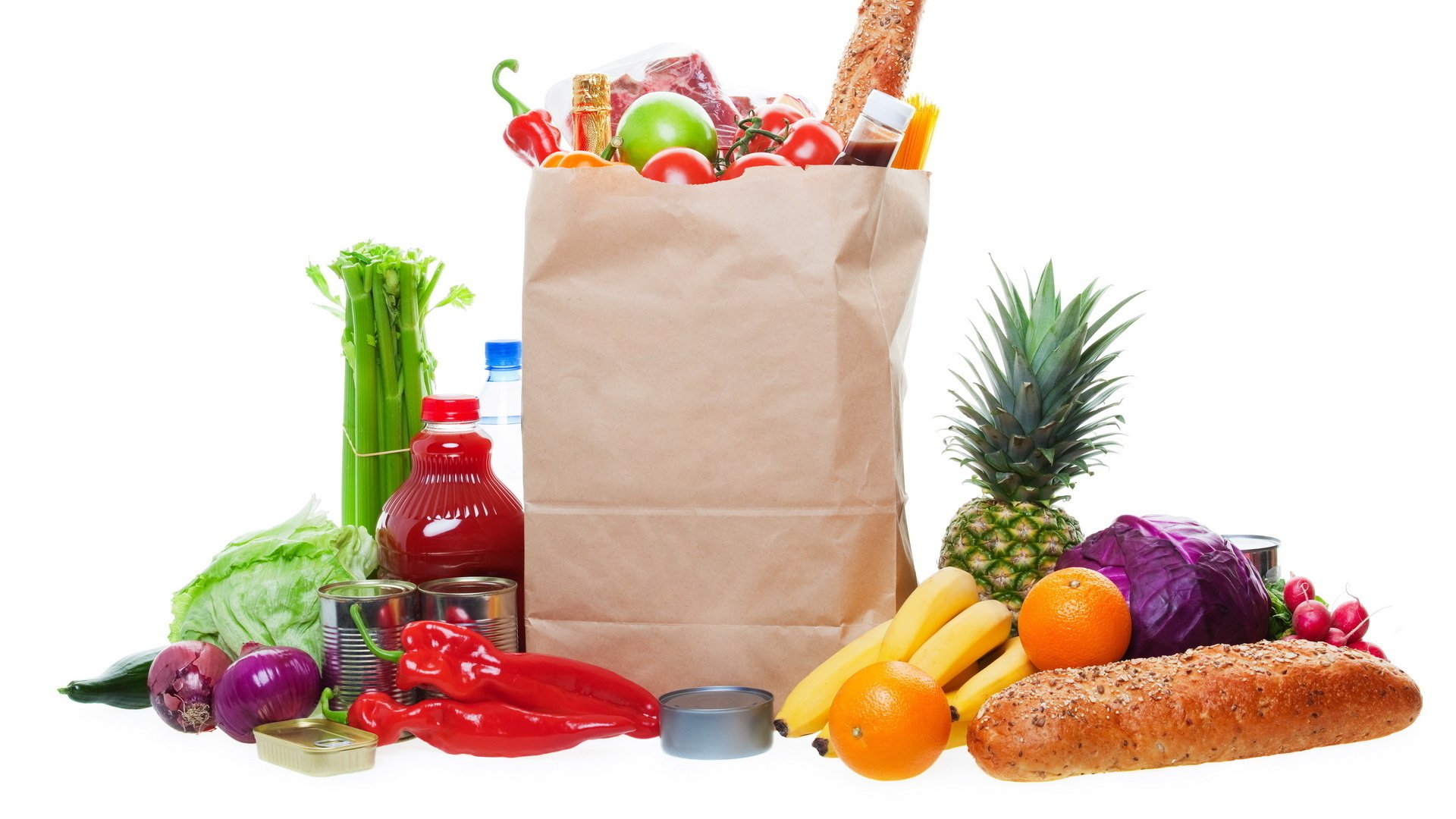konserwy gulasze jedzenie opakowania piknik tło produkty owoce warzywa ananas banany chleb pomarańcze kapusta cebula papryka sok woda przyprawy różne owoce