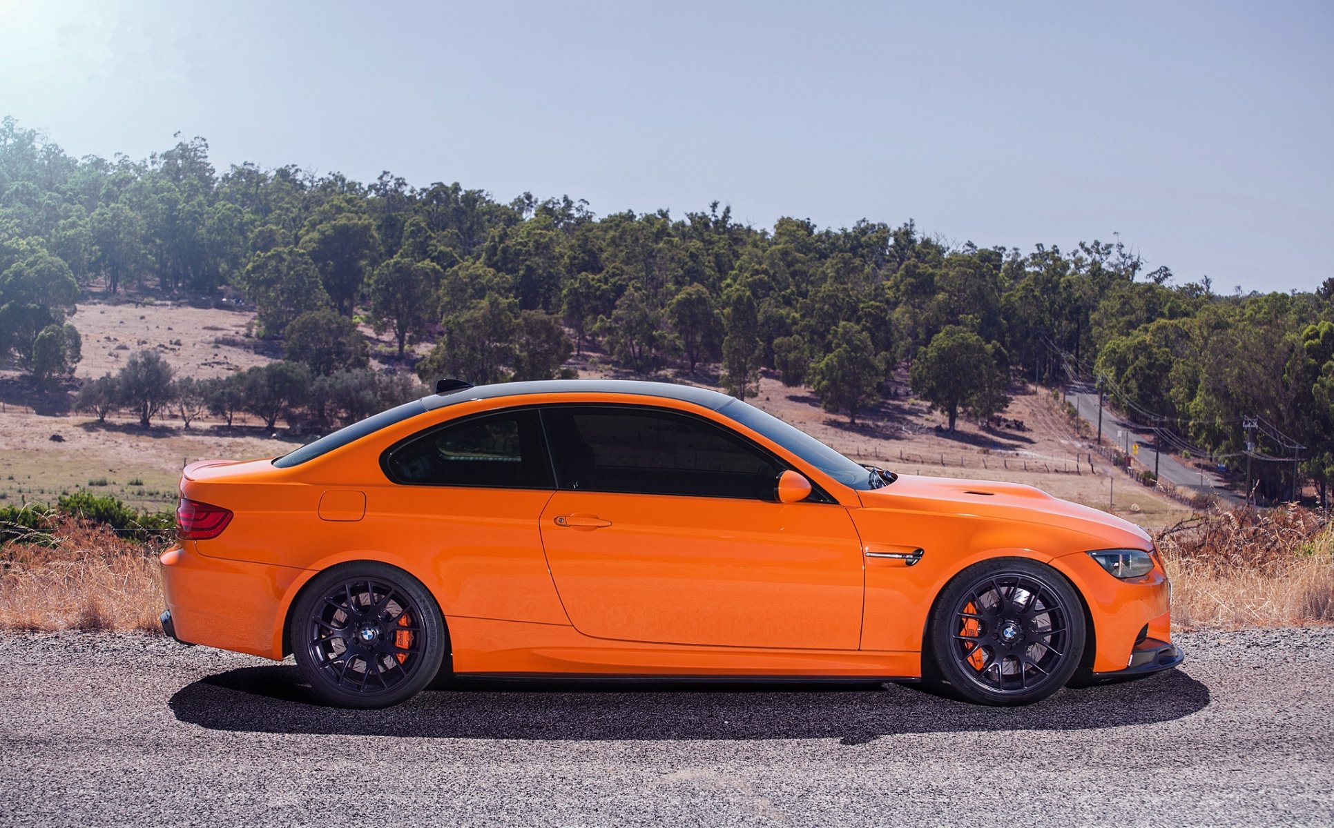 bmw m3 e92 orange tuning wheels black bmw profile rims slope trees sky