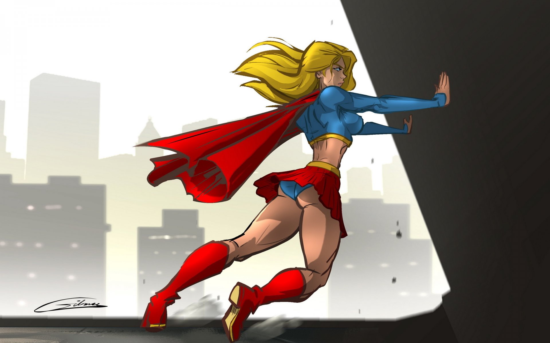 uperwoman ciudad chica héroe capa capa cabello amarillo fuerza poder rubia superhéroe dibujos