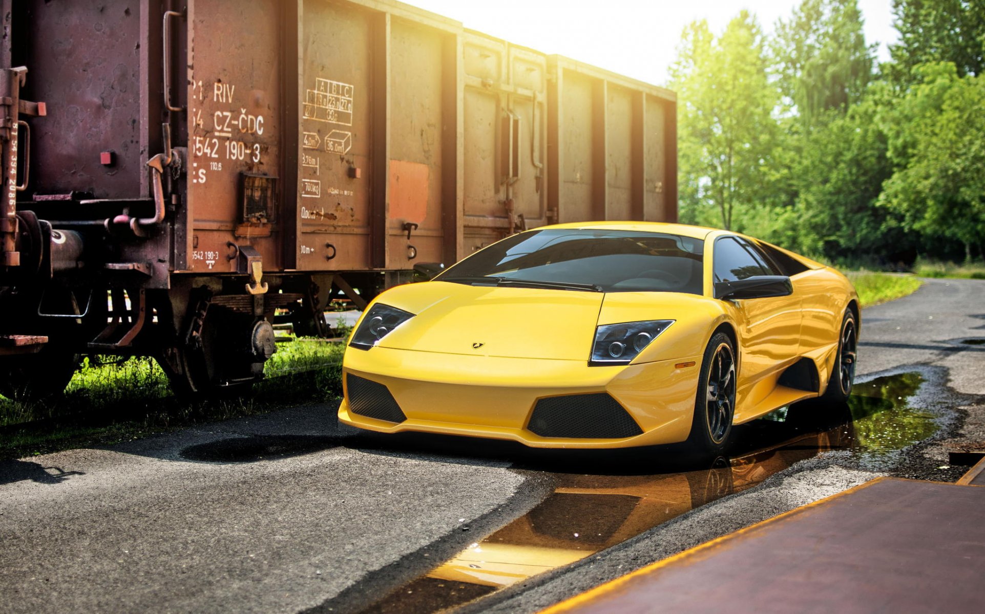 lamborghini murcielago lp640-4 żółty supersamochód słońce