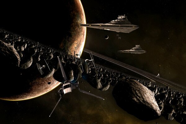 Latające statki z Gwiezdnych wojen na tle planety