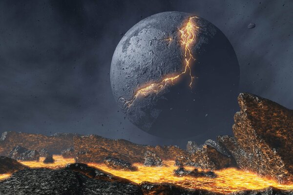 Fantástico planeta en llamas alrededor de la lava