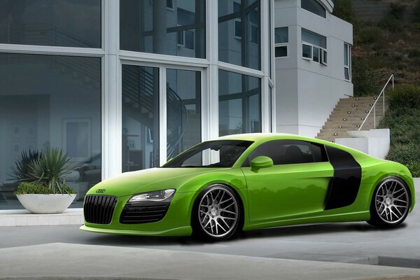 Verde deportivo Audi en el patio de la casa. Visualización 3D