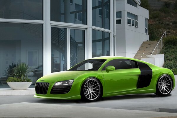 Audi sport vert dans la cour de la maison. Rendu 3D