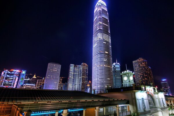 Night shooting of a shimmering skyscraper