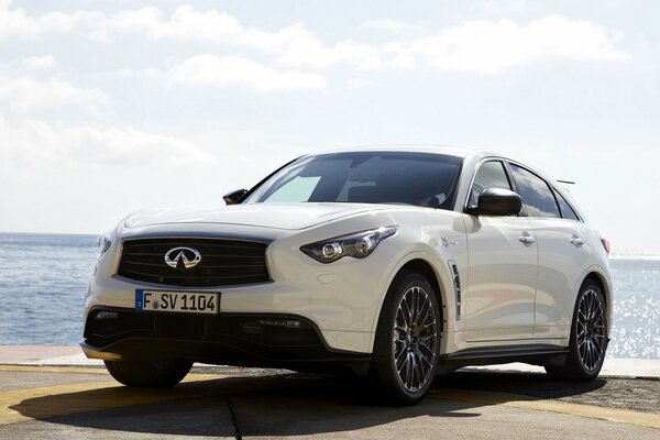 Beautiful white car on the background of the blue sea