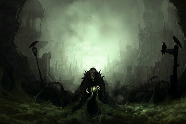 Чёрный колдун на зловещем фоне в тумане