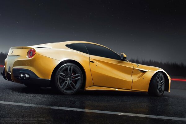 Żółte Ferrari F12 z czarnymi felgami na nocnej drodze