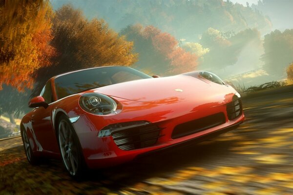 Das rote Porsche-Auto vor dem Hintergrund der Herbstlandschaft