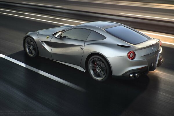 Silver Ferrari berlinetta in motion