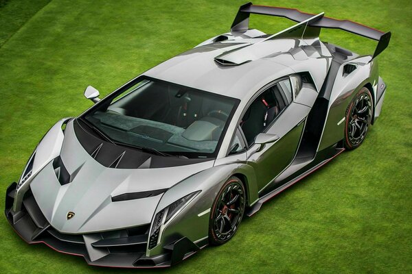 Ein grauer Supersportwagen der Marke Lamborghini veneno auf grünem Hintergrund