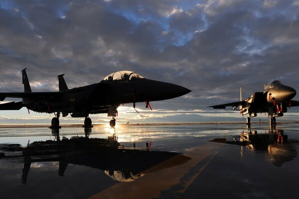 Fighters on the background of the night sky