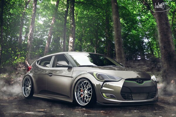 Hyundai Veloster tuned car in the forest