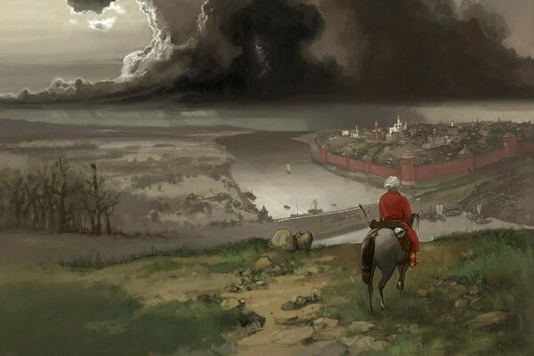 A horseman heading to a city where black clouds are fleeing