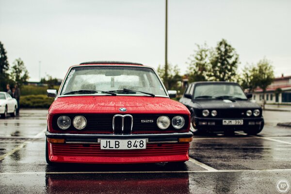 Bright red BMW M5 retro car