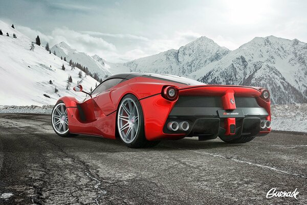 Sporty red Ferrari McLaren hypercar on a snowy road