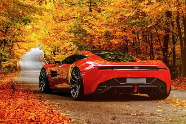 Red aston martin in the autumn landscape