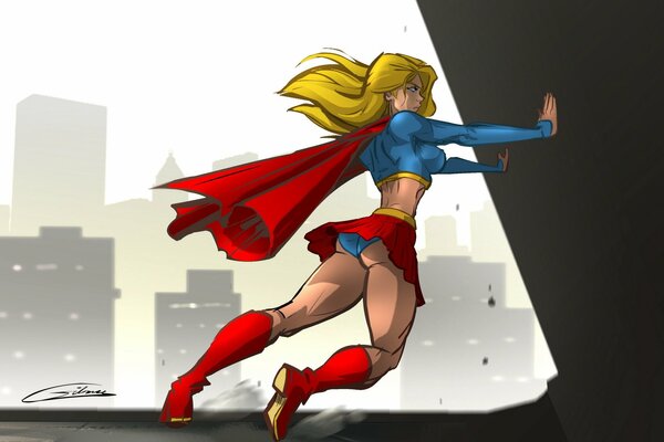 A strong superhero girl in a red cape