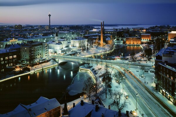 Winter road with snow and bridge