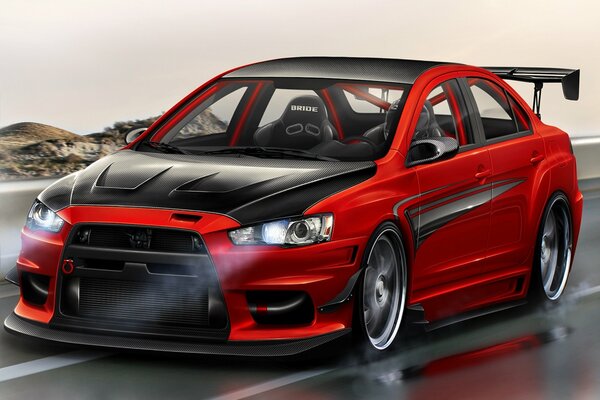 Roter Mitsubishi mit Tuning Kunstfoto