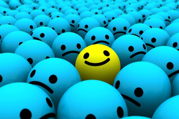 A crowd of sad blue emoticons and one positive one