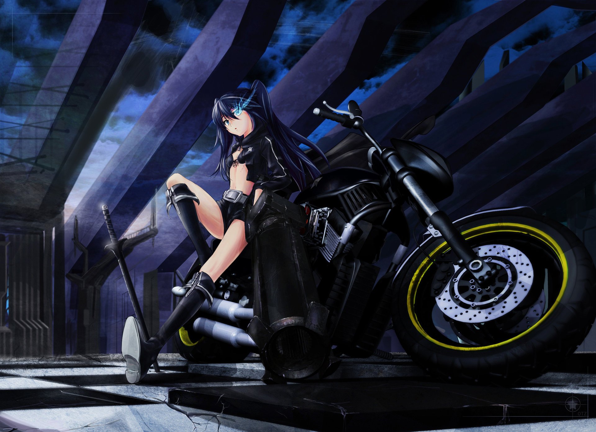 kuroi mato black rock shooter armi moto spada oscurità cielo nuvole notte veicoli a motore donne moto