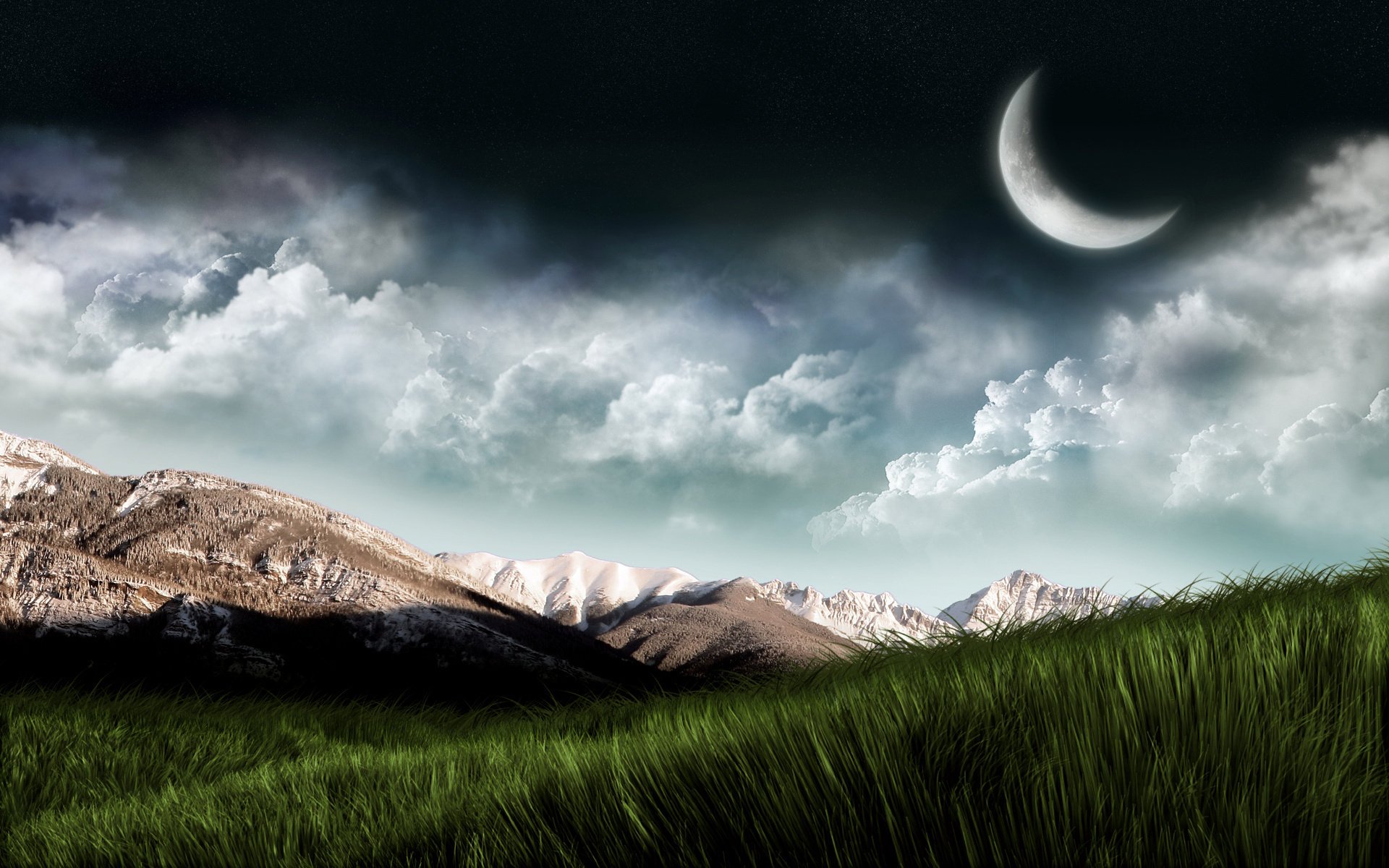 mountains field grass the air the sky the moon