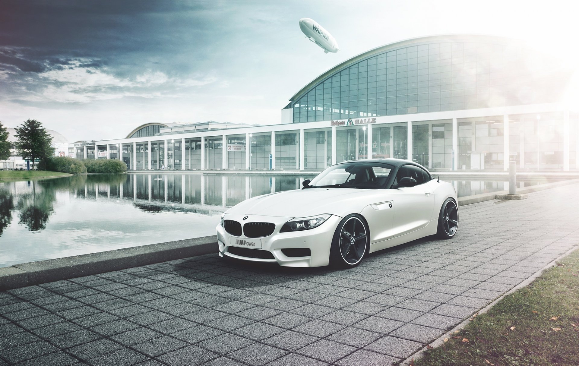 bmw z4 белый озеро здание дирежабль