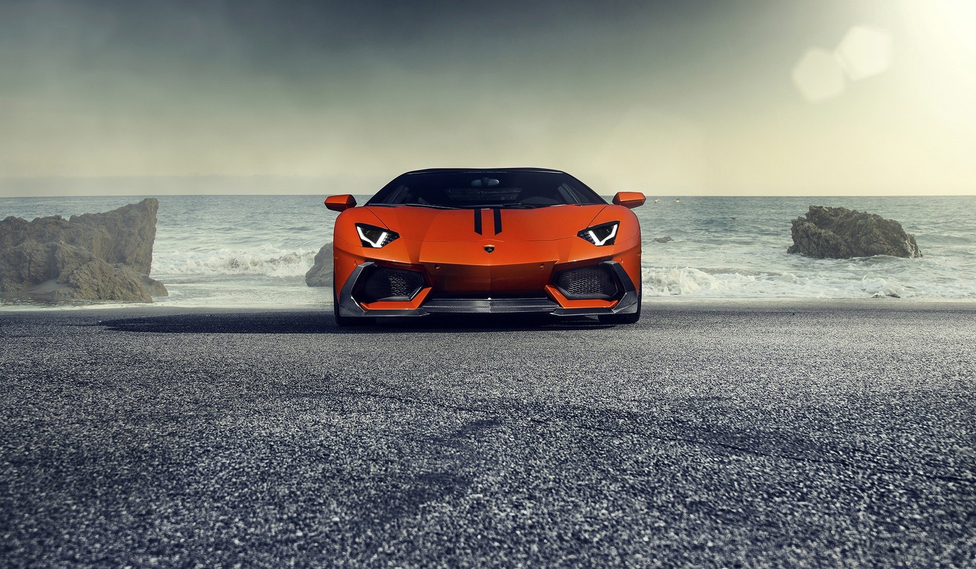 lamborghini aventador-v lp740-4 saragozza vorsteiner supercar arancione anteriore mare sole