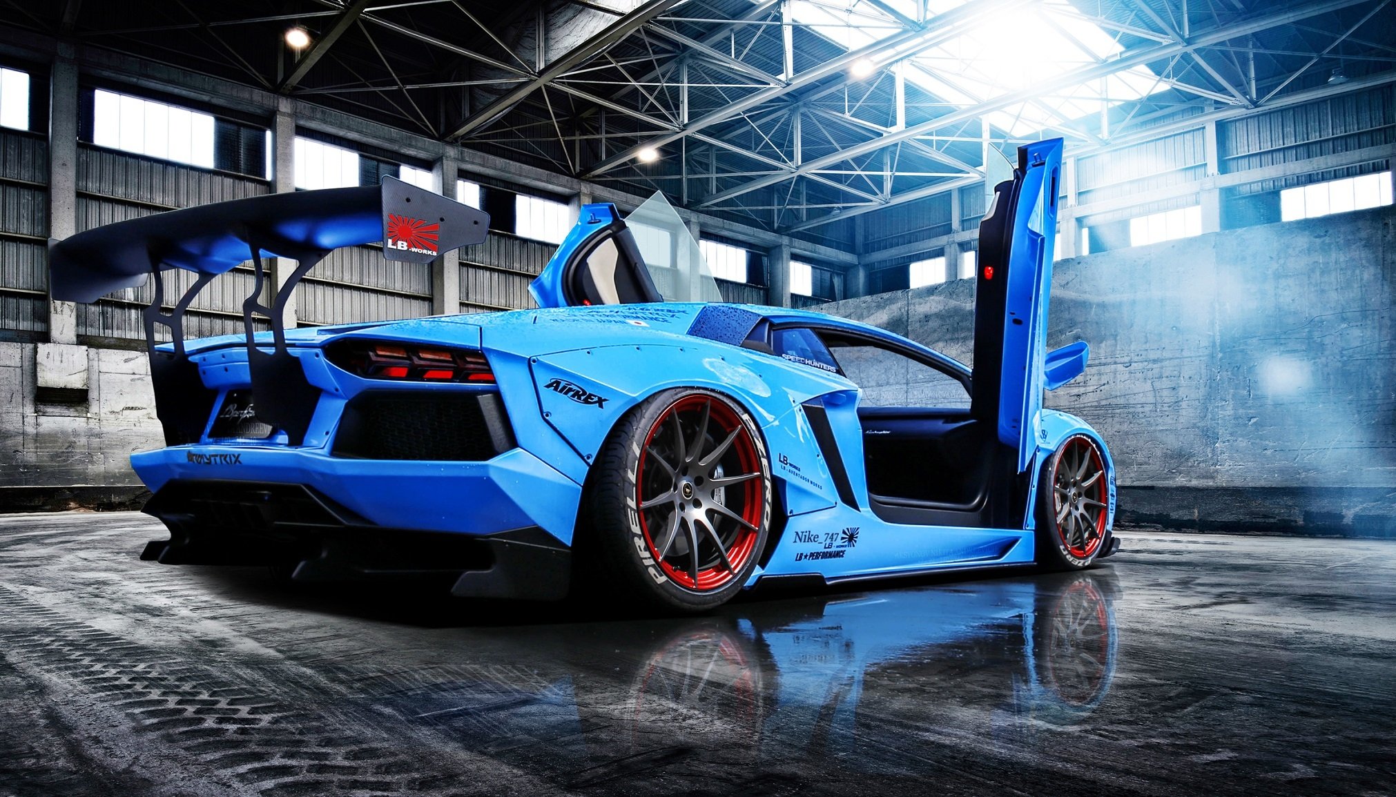 lamborghini aventador lp720-4 liberté marche lb perfomance bleu supercar arrière portes soleil largeur