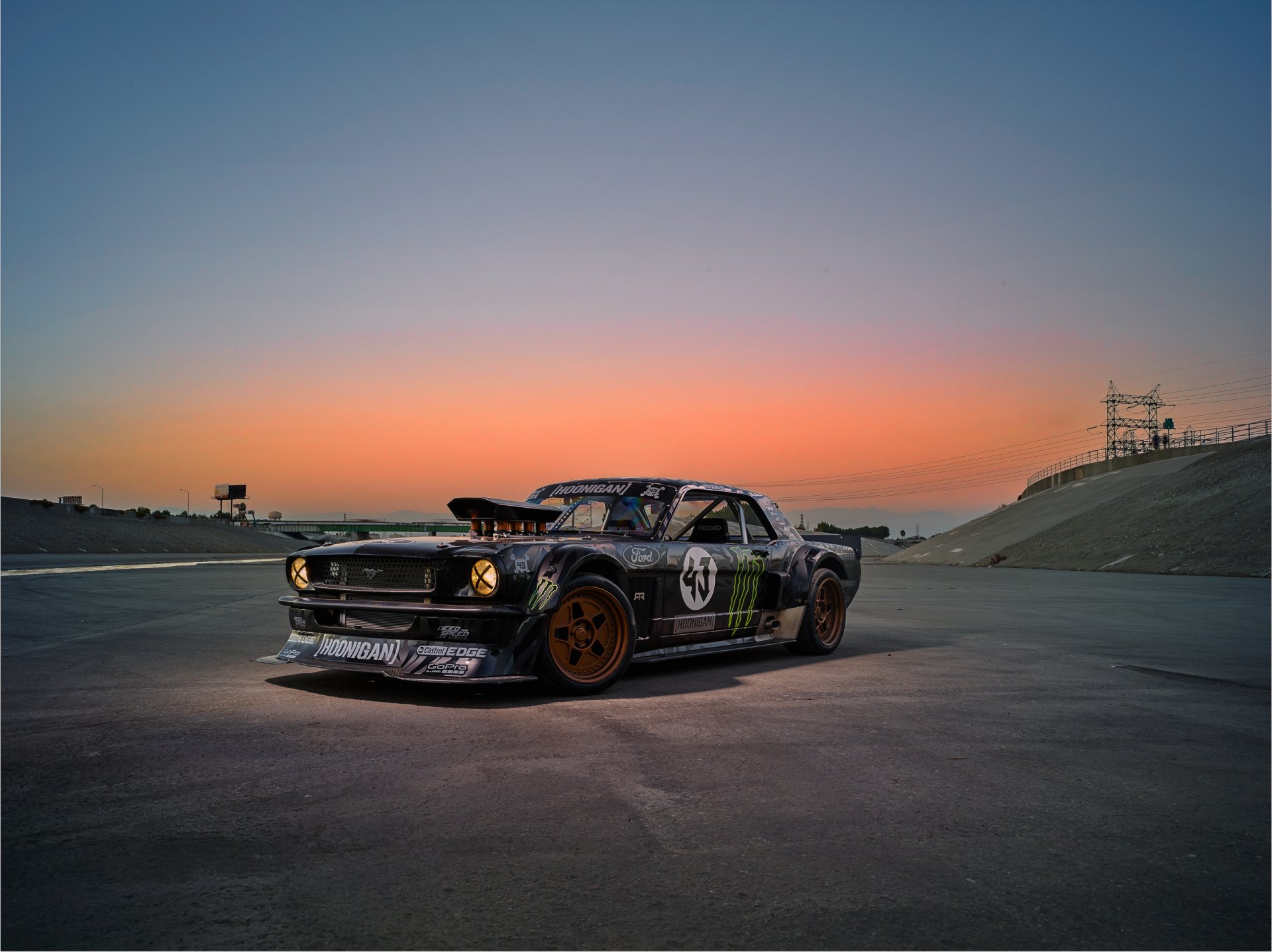 ford mustang rtr 1965 hoonicorn 845 hp gymkhana seven rear ken block monster energy sunset sky