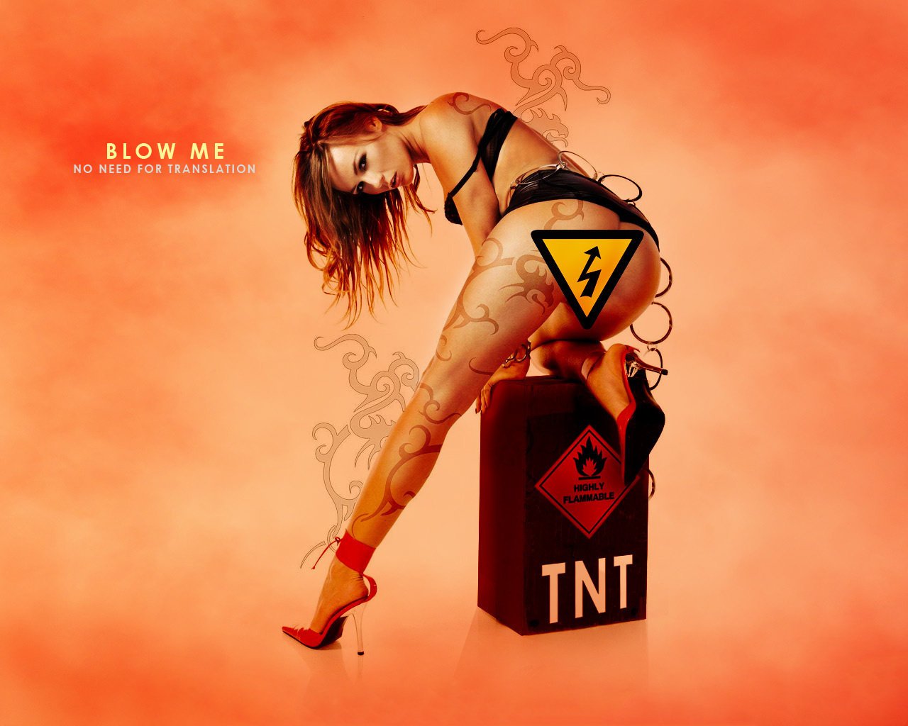 tnt explosives girl pose background sign