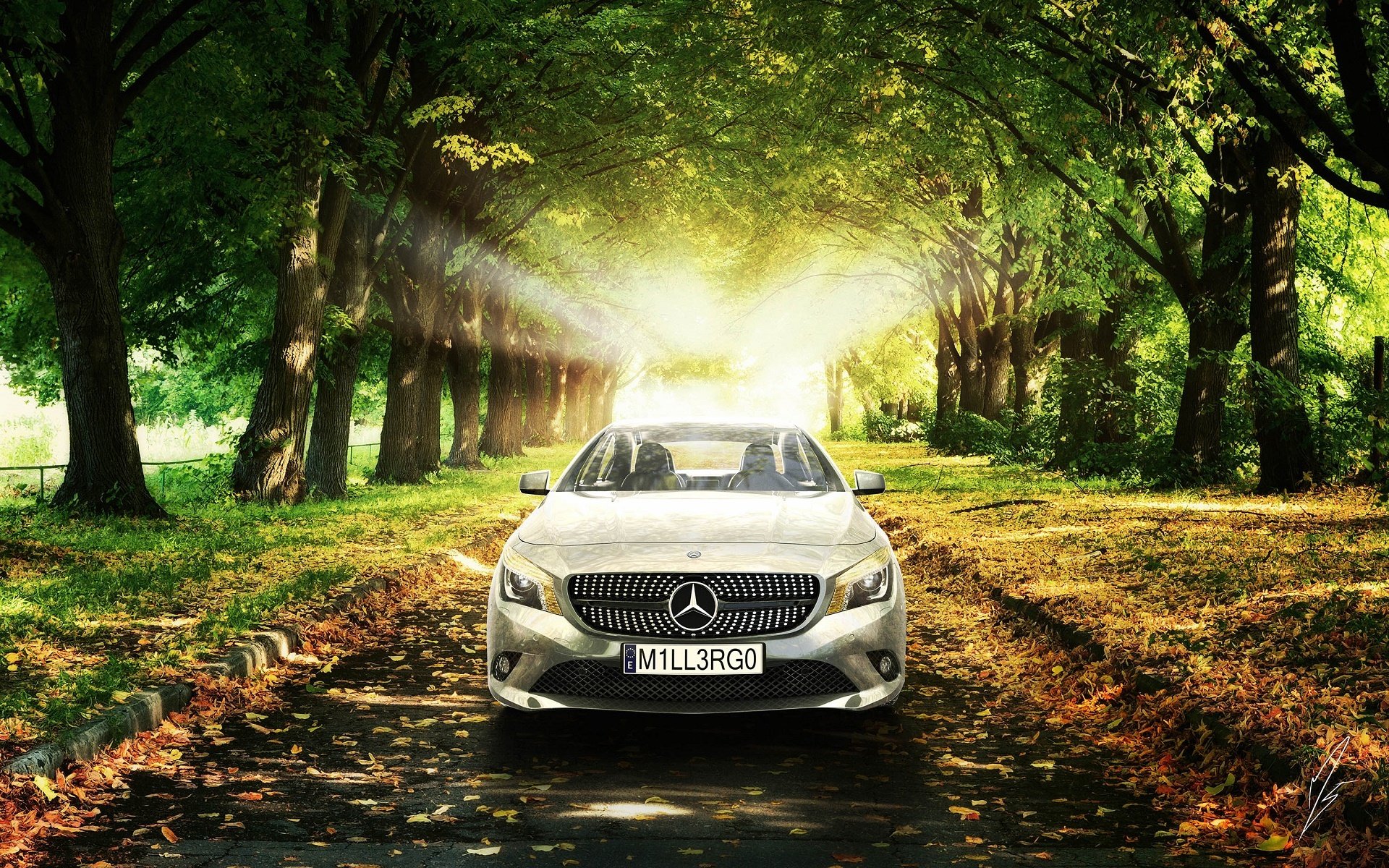 mercedes-benz cla amg auto di classe premium sole alberi foglie erba di classe