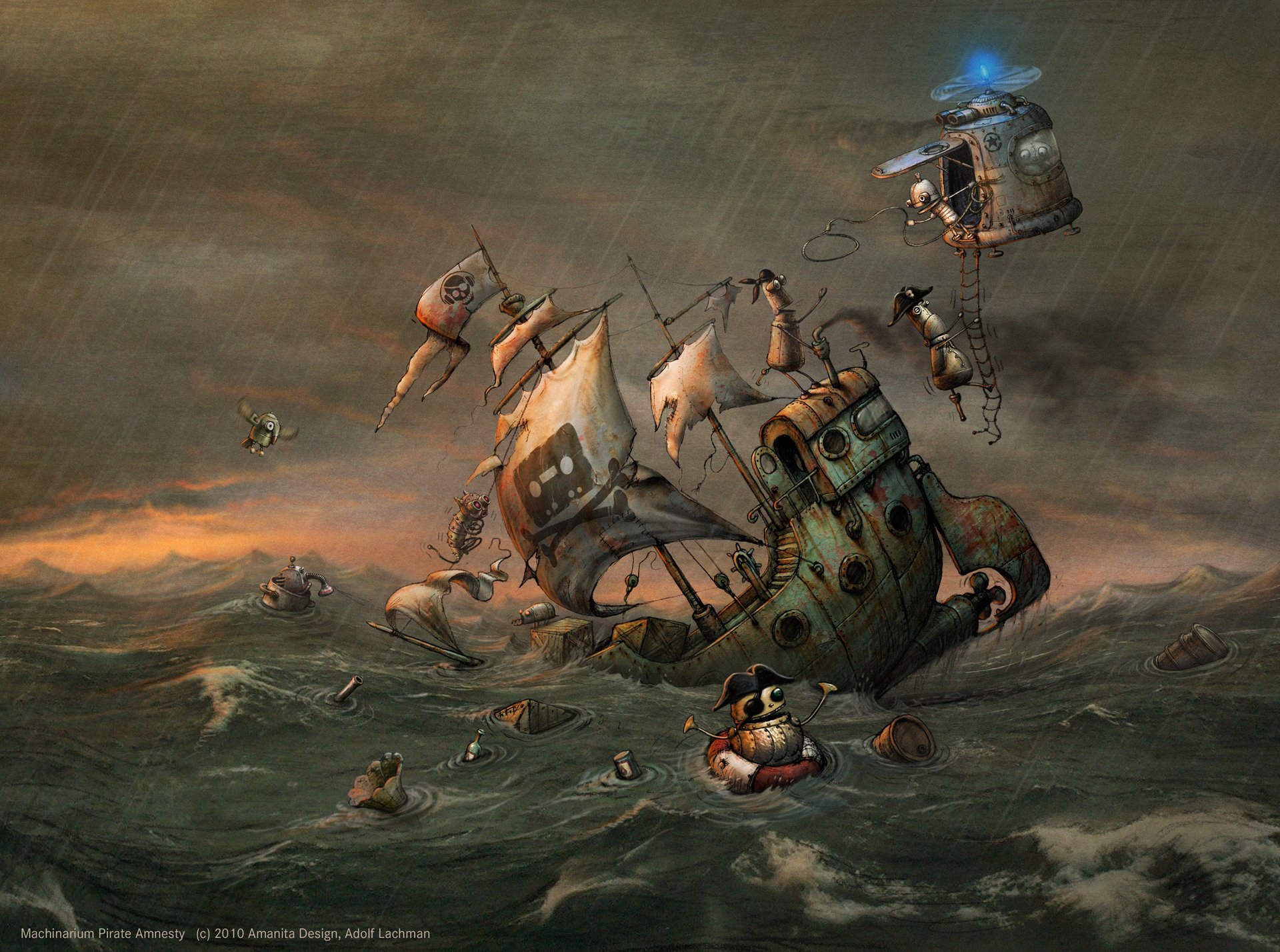 amnistía pirata machinarium machinarium joseph piratas naufragio mar lluvia tormenta figura helicóptero olas bandera oscuridad gris