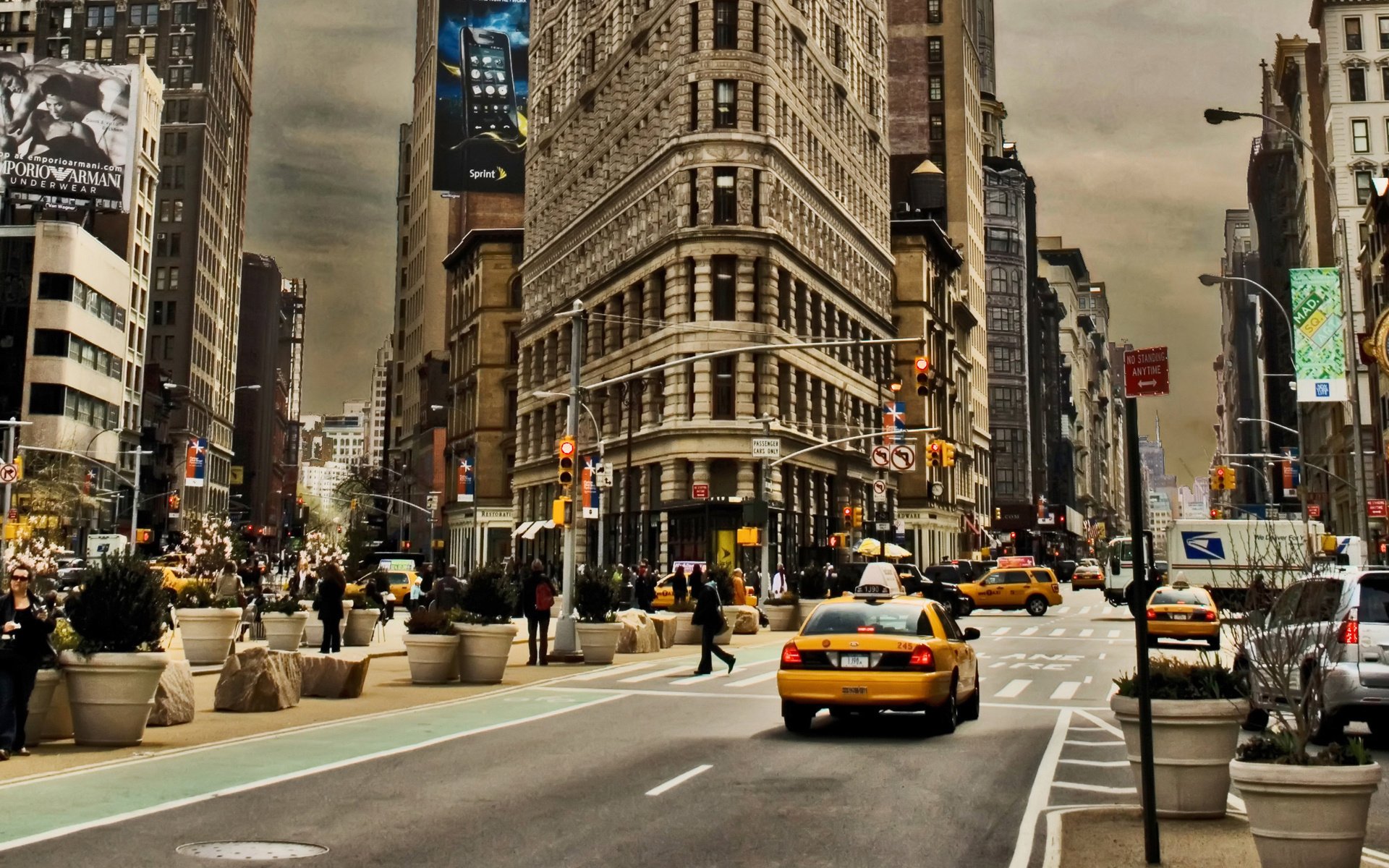 new york flowers people home advertising taxi traffic light street usa america skyscrapers markup signs the gray sky city