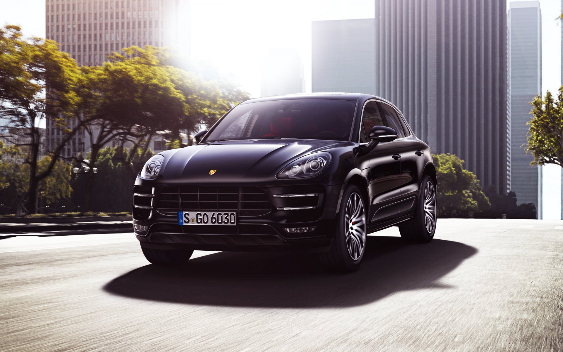 porsche macan suv samochód czarny auto miasto światło drogowe przednie reflektory porsche