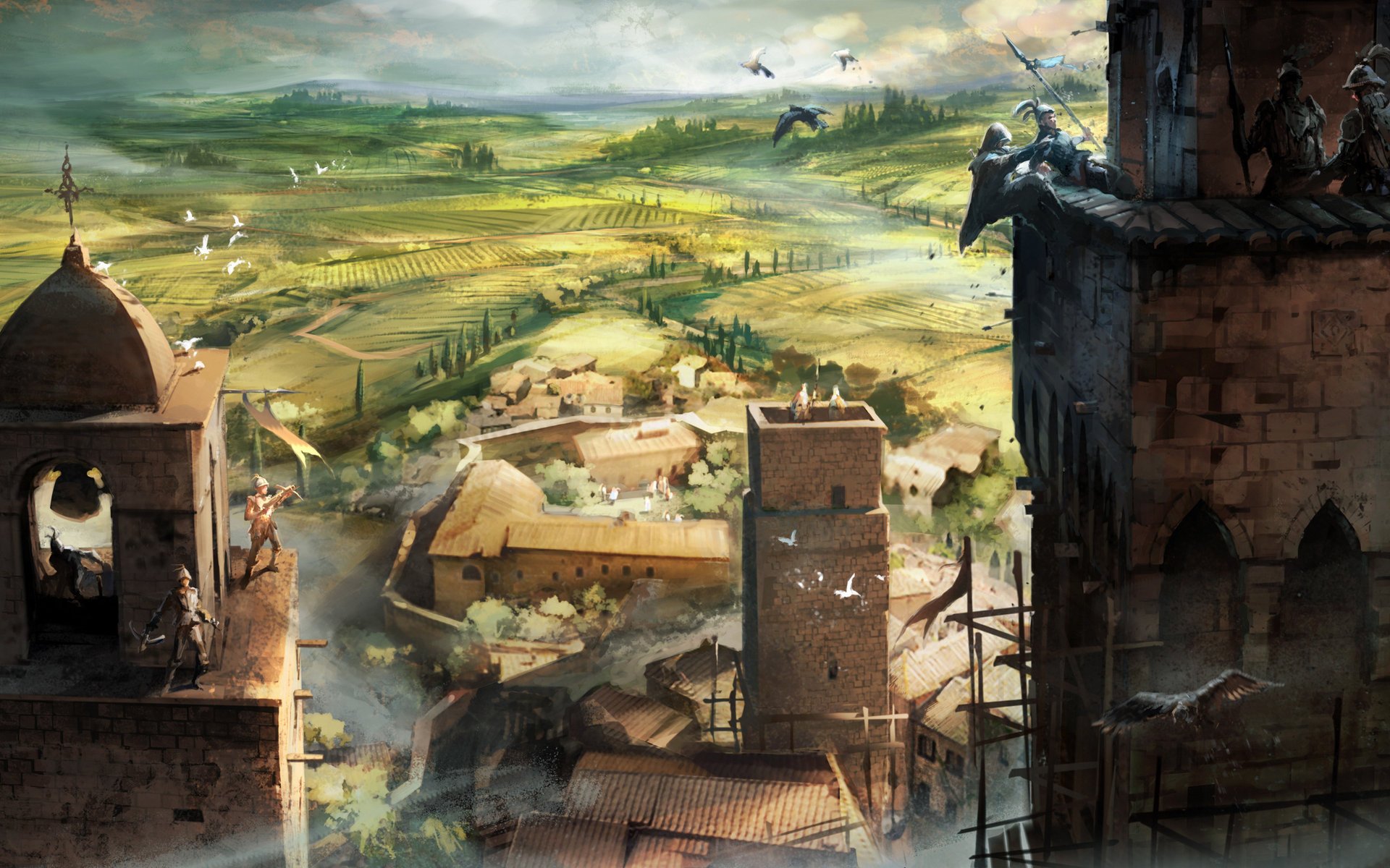 landscape summer tower assasins creed birds murder