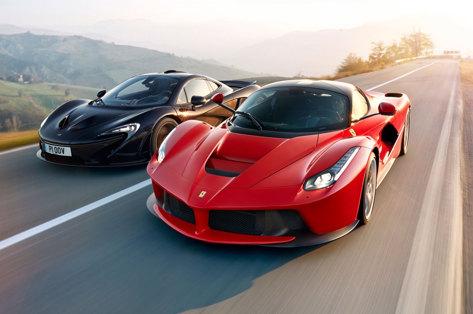 mclaren p1 ferrari laferrari red black supercars road speed sun front lead power